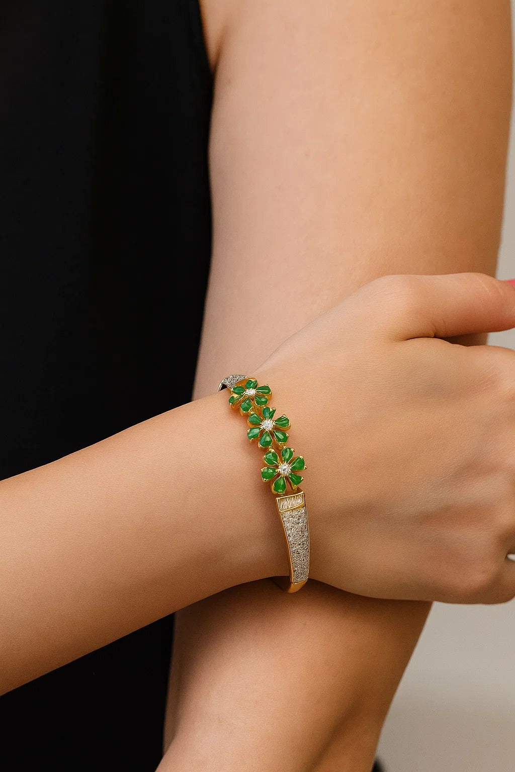 Golden Openable Bracelet with Green Floral Stone Design